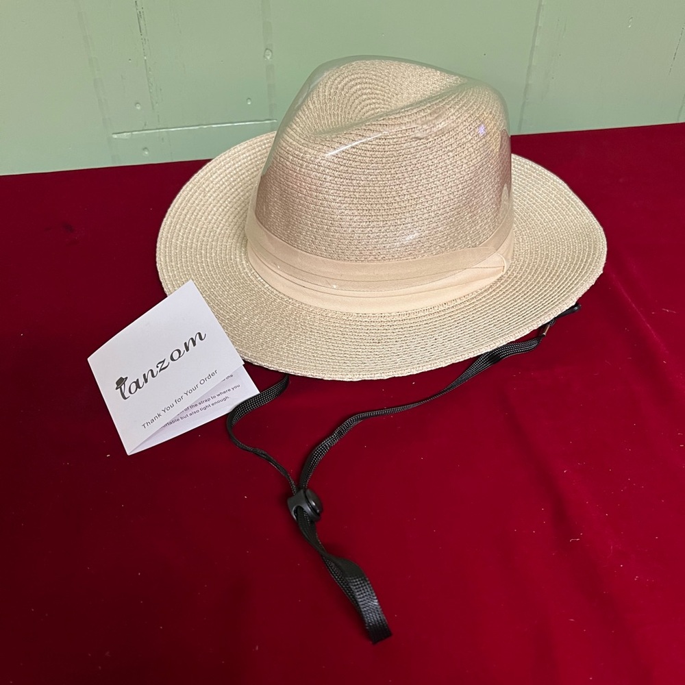 Tan Straw Hat with Black Chin Strap